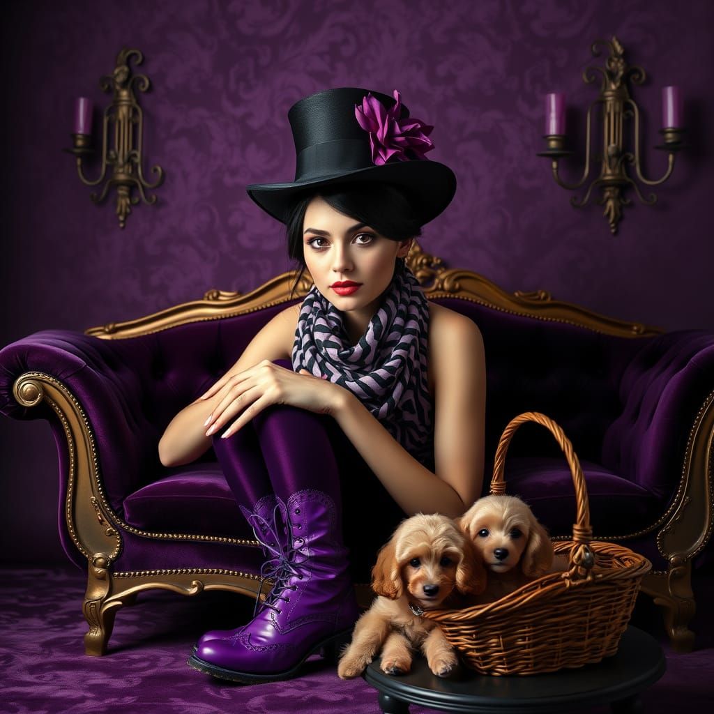Elegant Woman in Whimsical Victorian Setting with Poodles