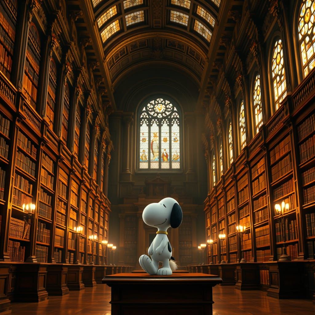 Snoopy in Elegant Library Reading Room
