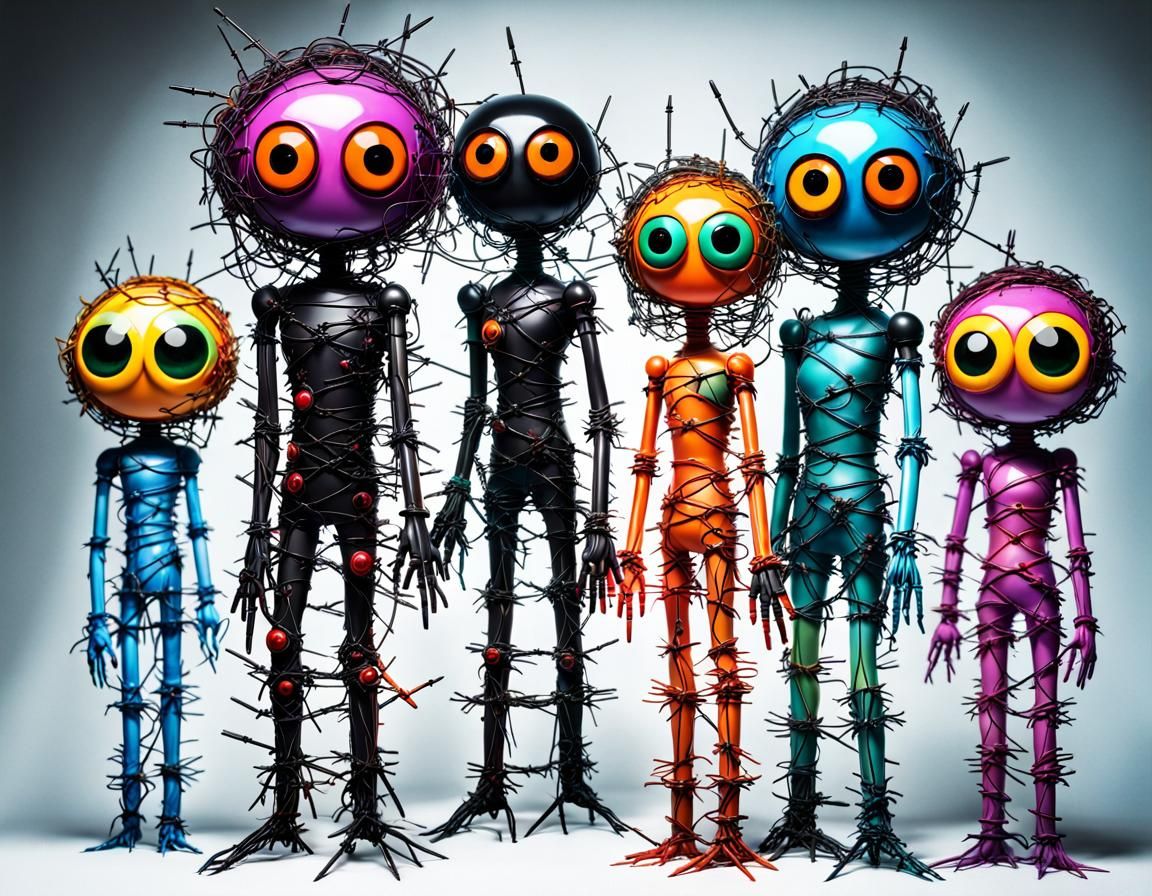 Colorful Googly-Eyed Barbed Wire Family in Studio
