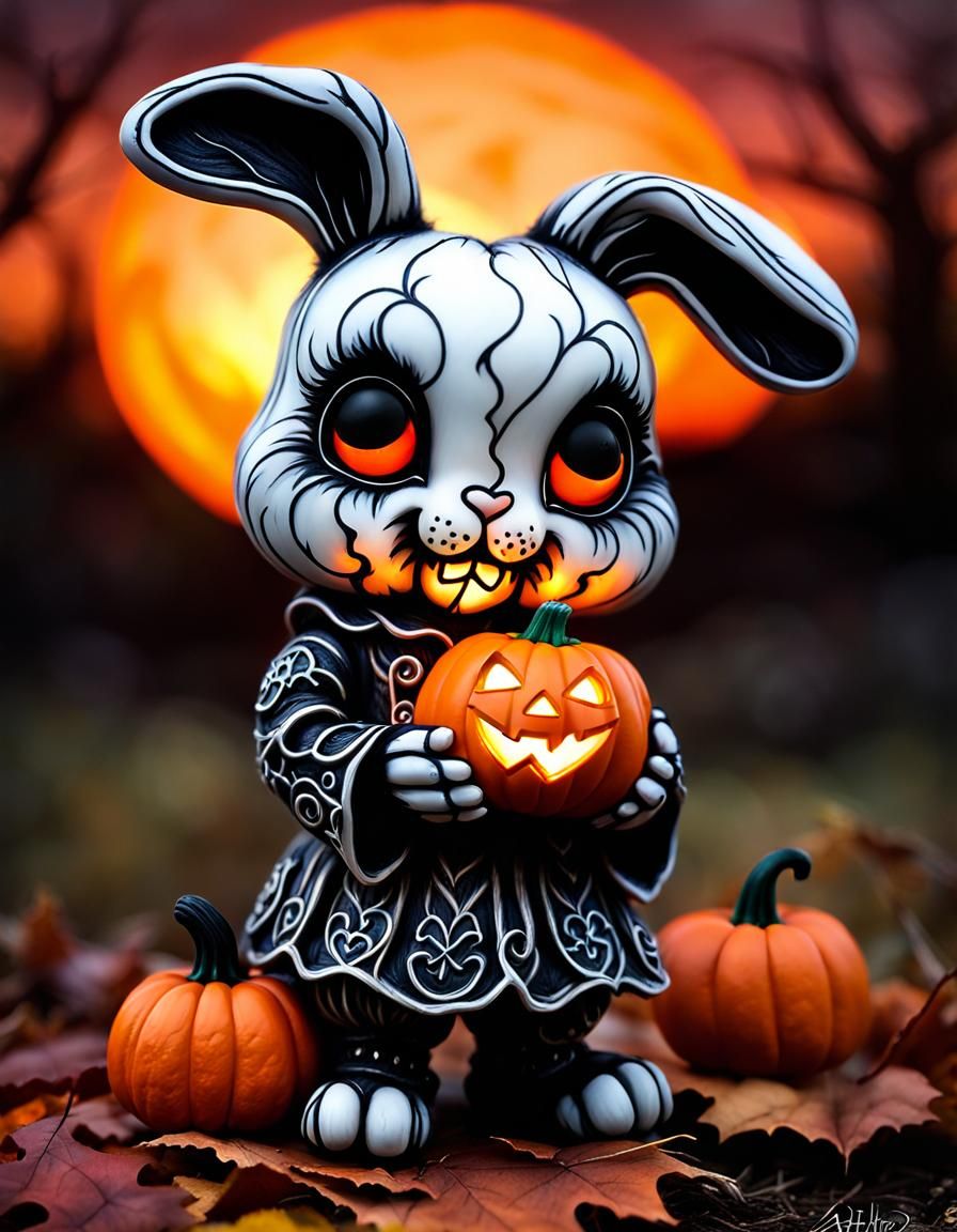 Halloween Chibi Bunny Doll with Pumpkin, Digital Art