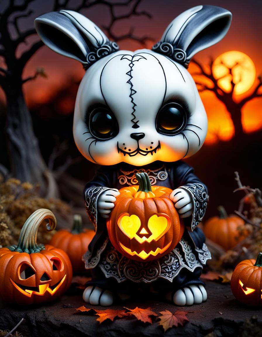 Halloween Chibi Ghost Bunny with Pumpkin