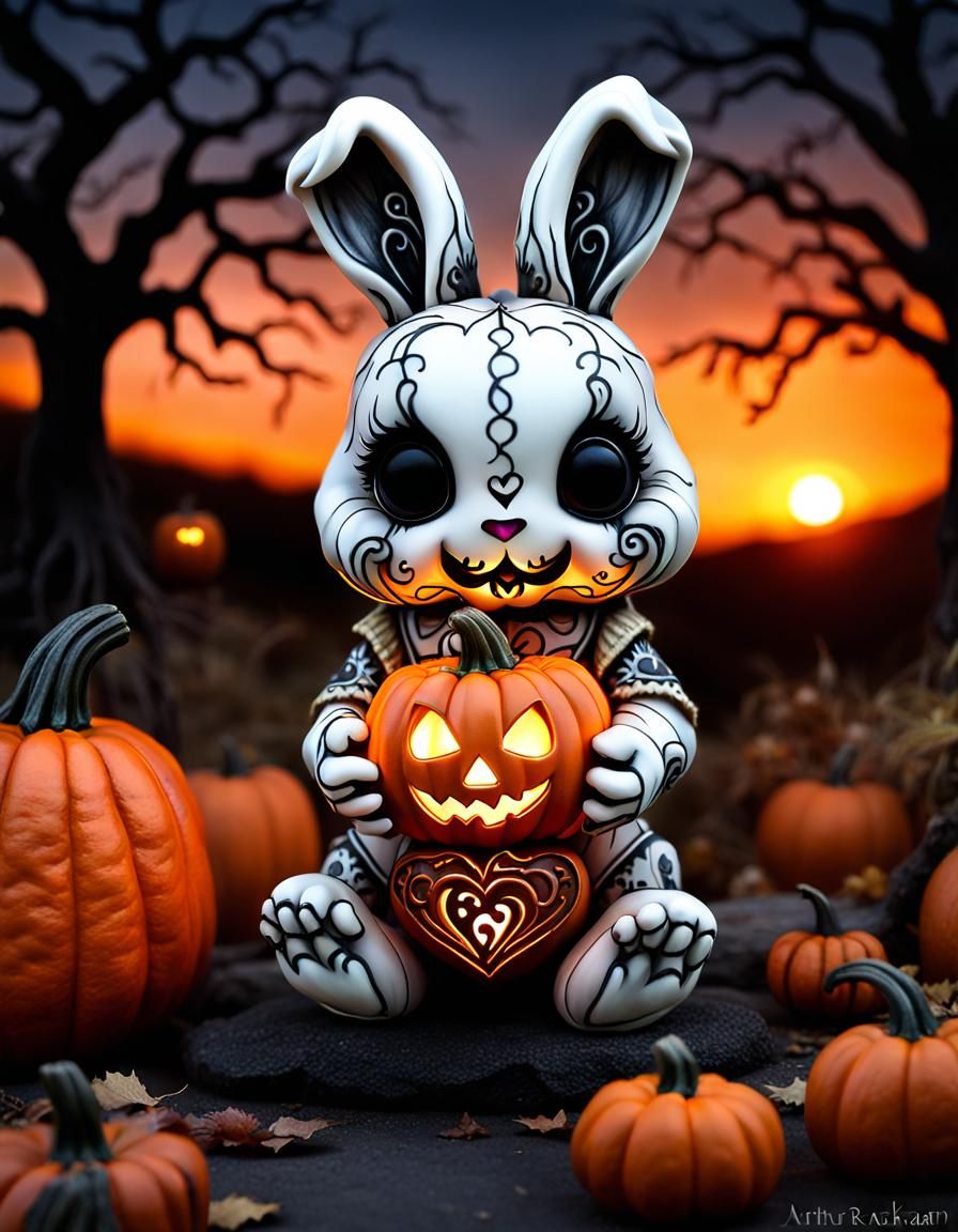 Glowing Chibi Doll Bunny with Pumpkin, Hyper-Detailed Art