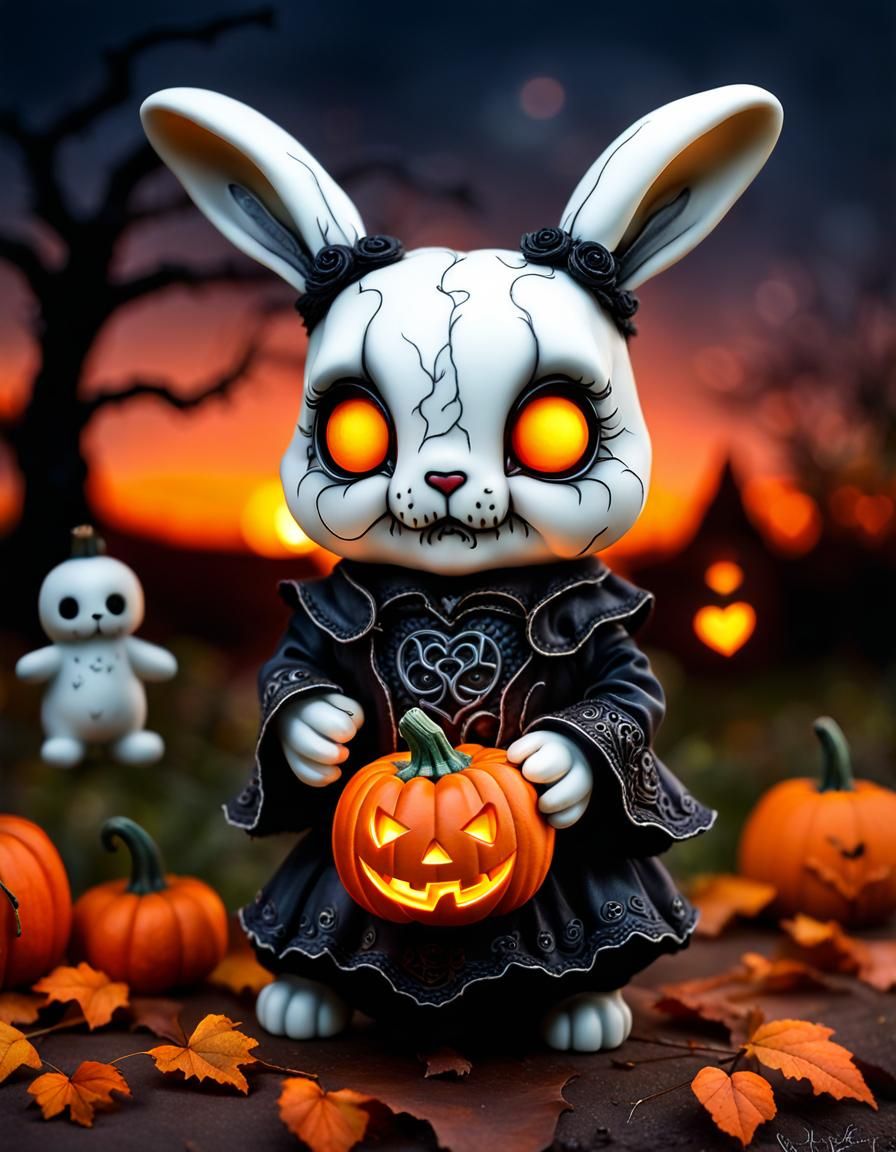 Halloween Chibi Ghost Bunny with Pumpkin