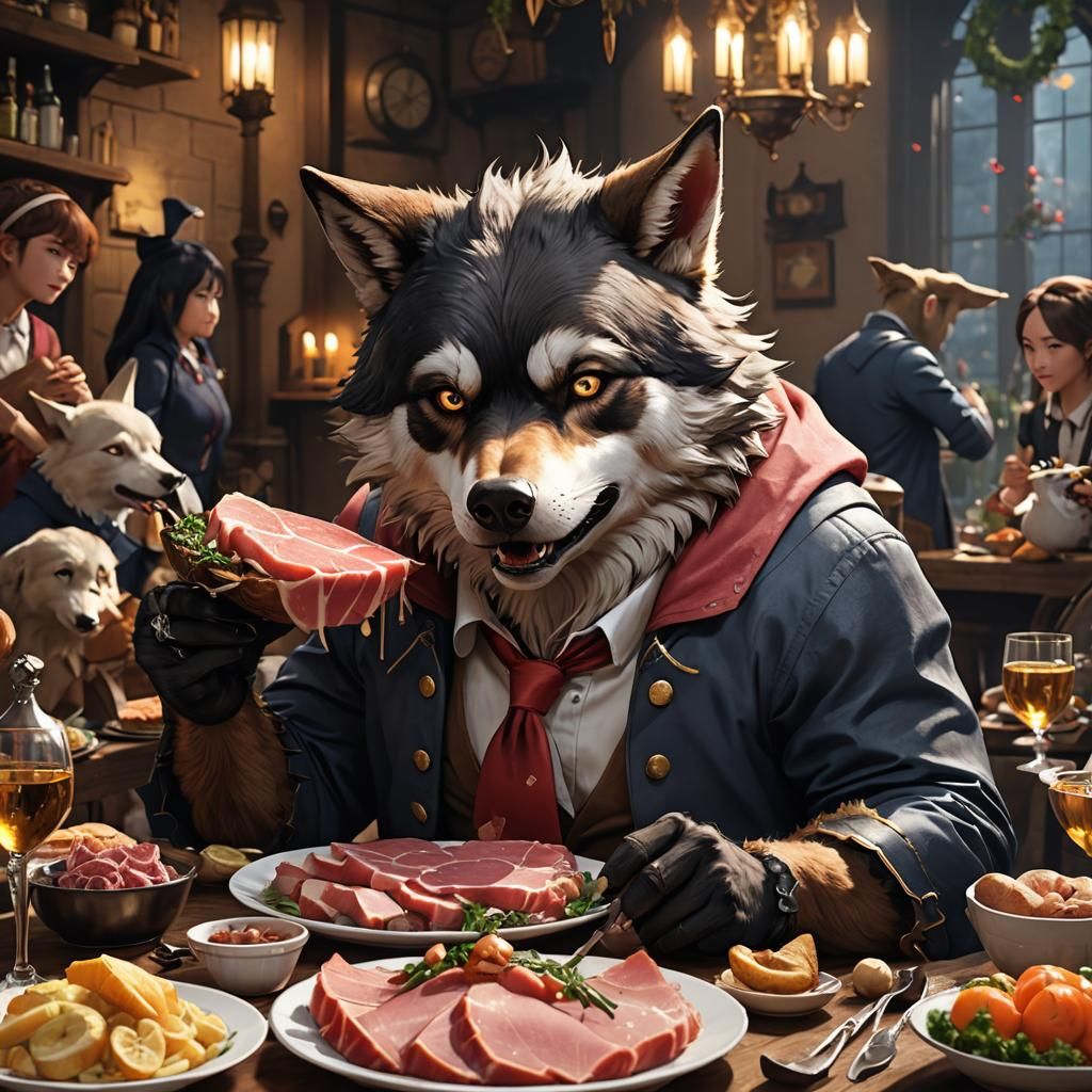 Big Bad Wolf's Delicious Ham Dinner in 3D Anime Style