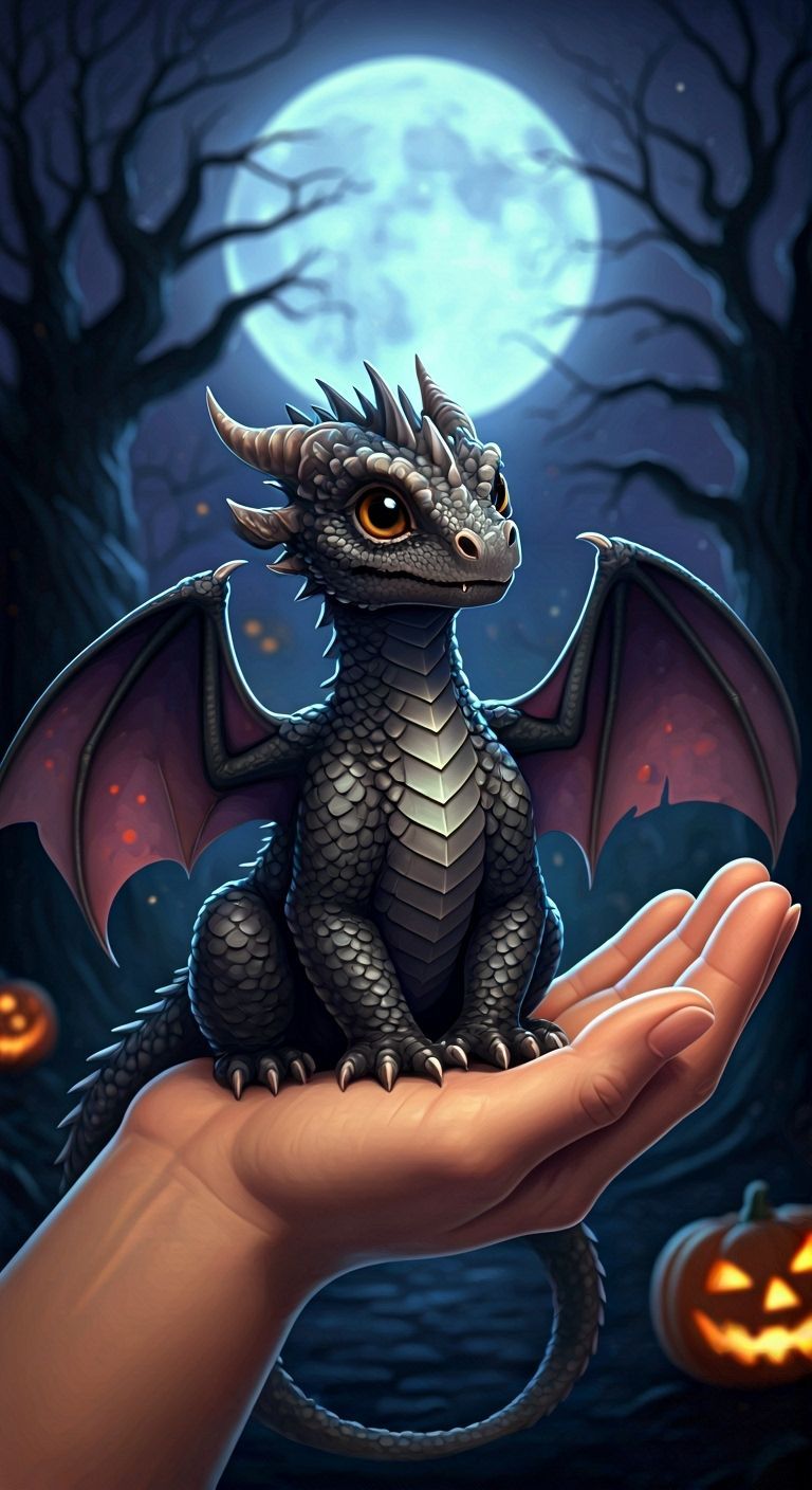 Cute Black Baby Dragon on Hand, Halloween Scene