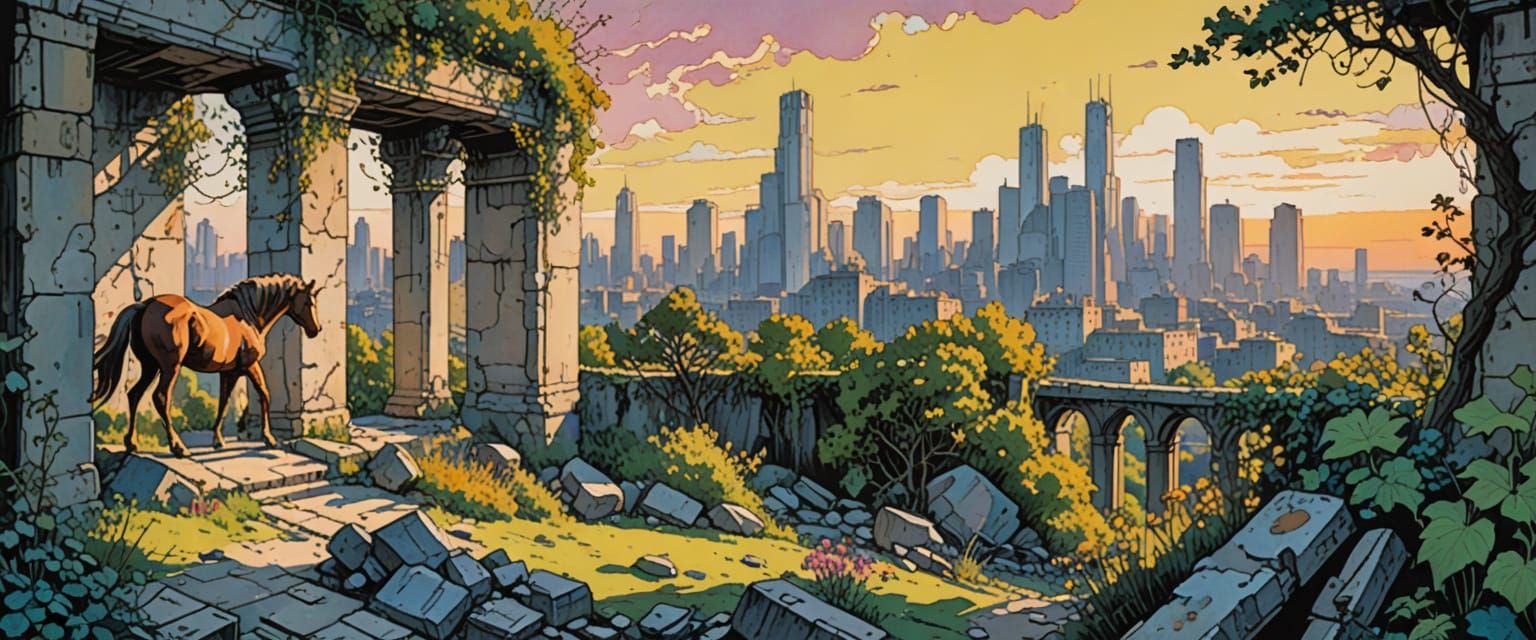 Wild Horses Gaze Upon City Ruins in Watercolor Style