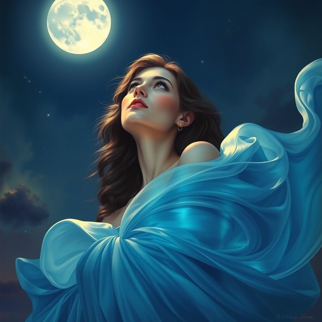 Celestial Woman Gazing at Moon, Art Nouveau Style
