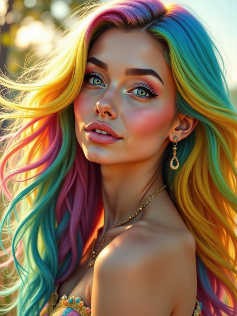 Realistic Woman with Flowing Rainbow Hair