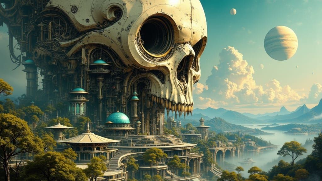 Alien Metropolis Inside Giant Skull, Digital Painting