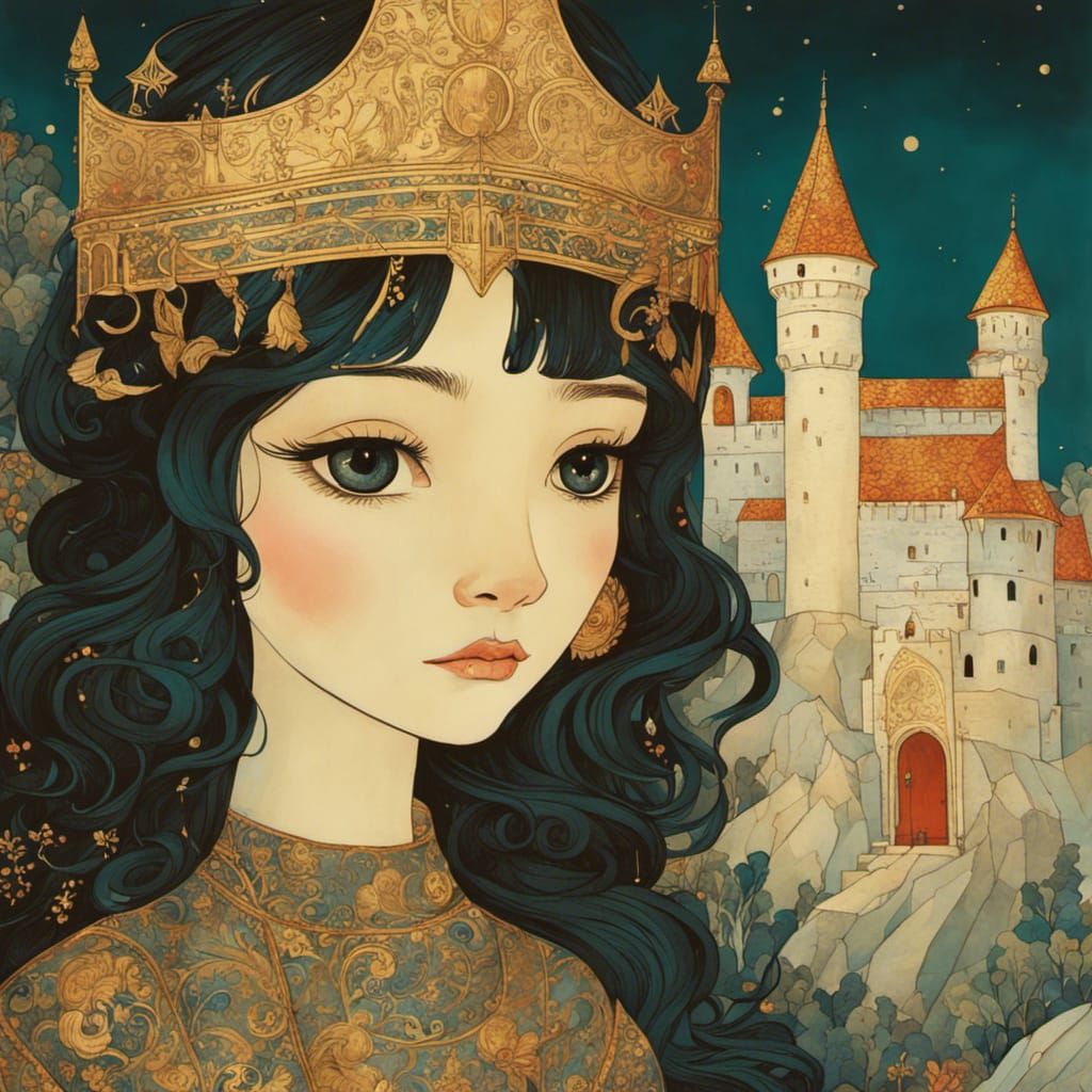Moody Princess in Medieval Castle, Vibrant Illustration