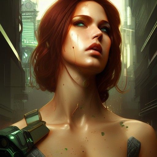 Cyberpunk Portrait of Copper-Haired Woman with Green Eyes