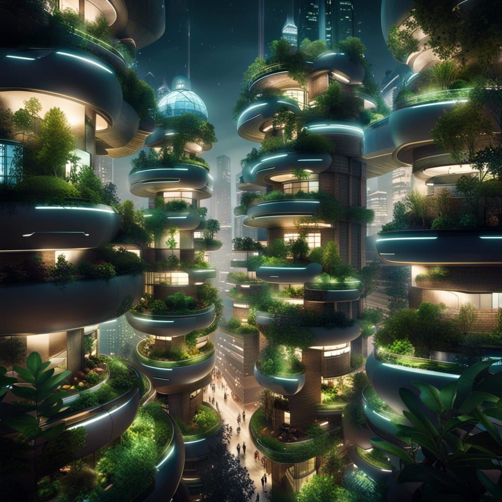 Futuristic Cityscape with Greenery and Natural Lights