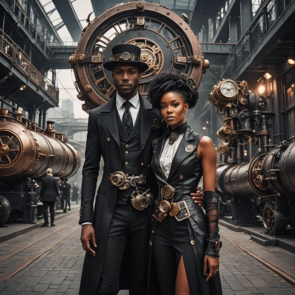 Steampunk Couple in Futuristic Cityscape