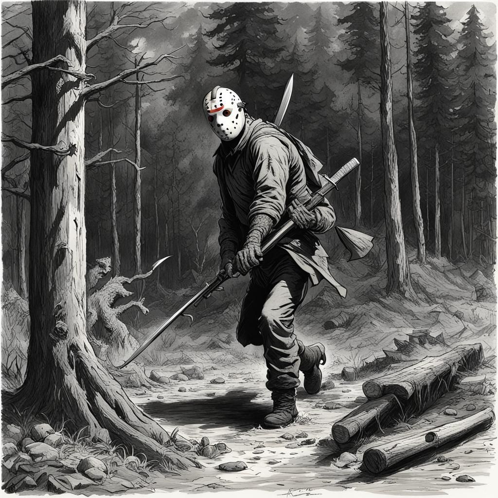 Jason Voorhees Hunts at Camp: Horror Illustration