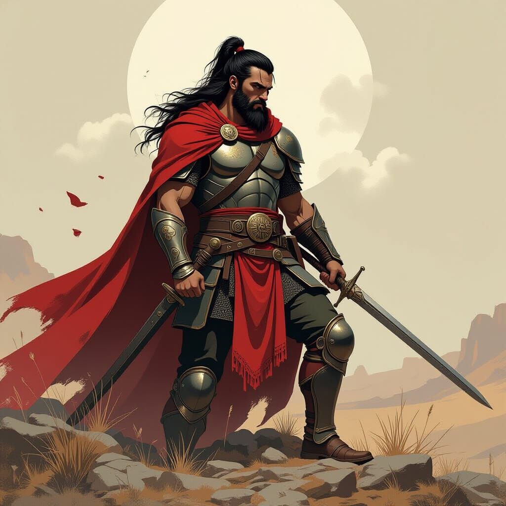 Heroic Warrior in Battle-Scarred Land, Nostalgic Art