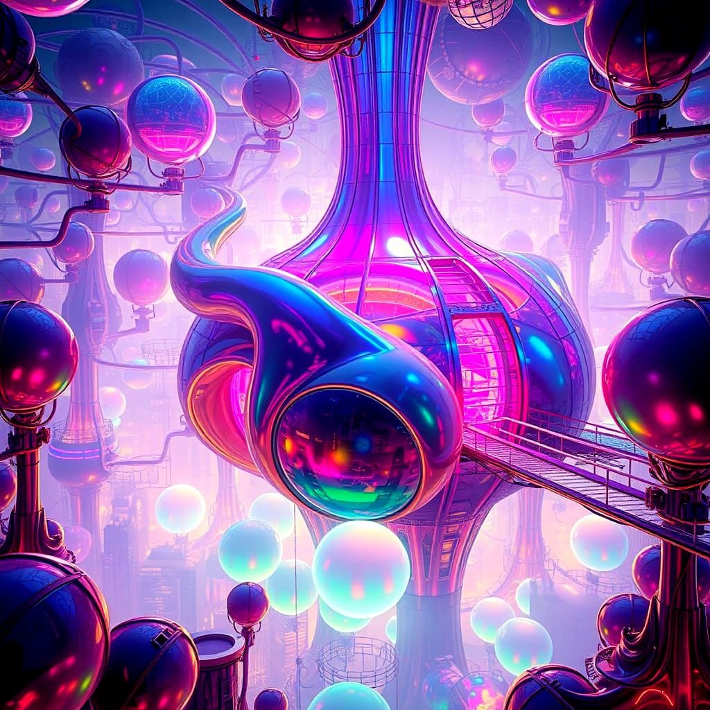 Surreal Futuristic Cityscape with Shimmering Megastructure