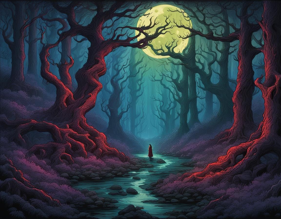 Druid in Ominous Forest Glade in Ink Block Style