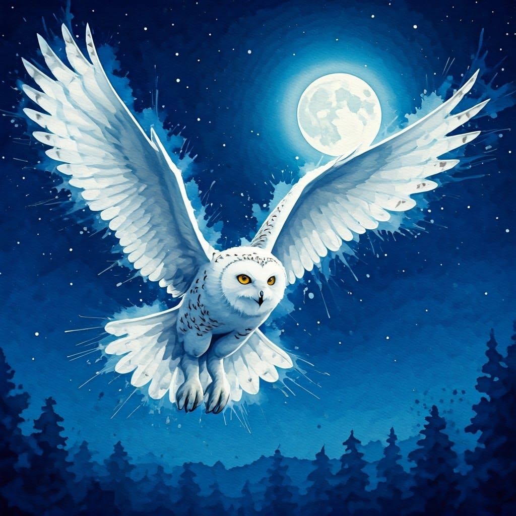 Moonlit Owl Dives in Whimsical Watercolor