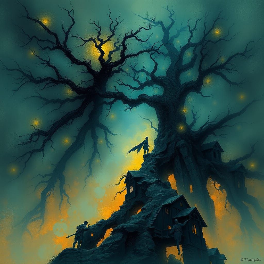 magnificent entangled elemental eldritch twilight mixed media lyrical abstraction post-impressionism cool colors digital...