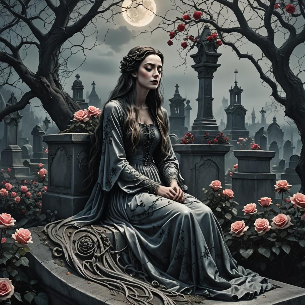 Gothic Surrealism: Woman in Cemetery by Moonlight