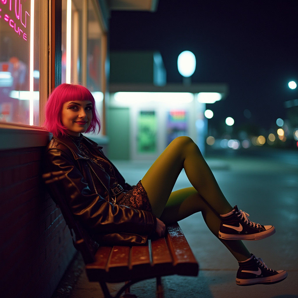 Goth Girl Lounging at Night in Cinematic Style