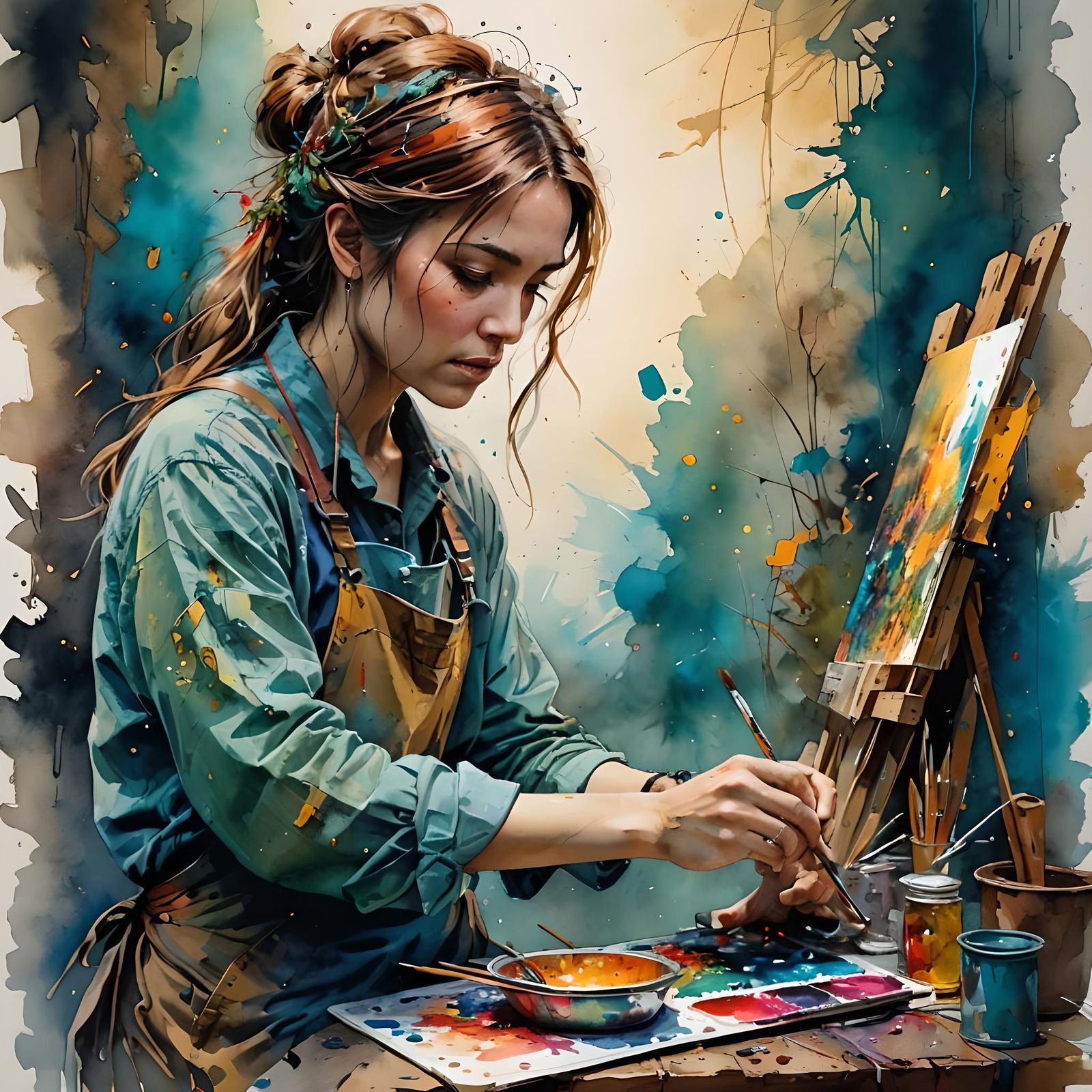 Artist Painting: Watercolor and Ink Illustration