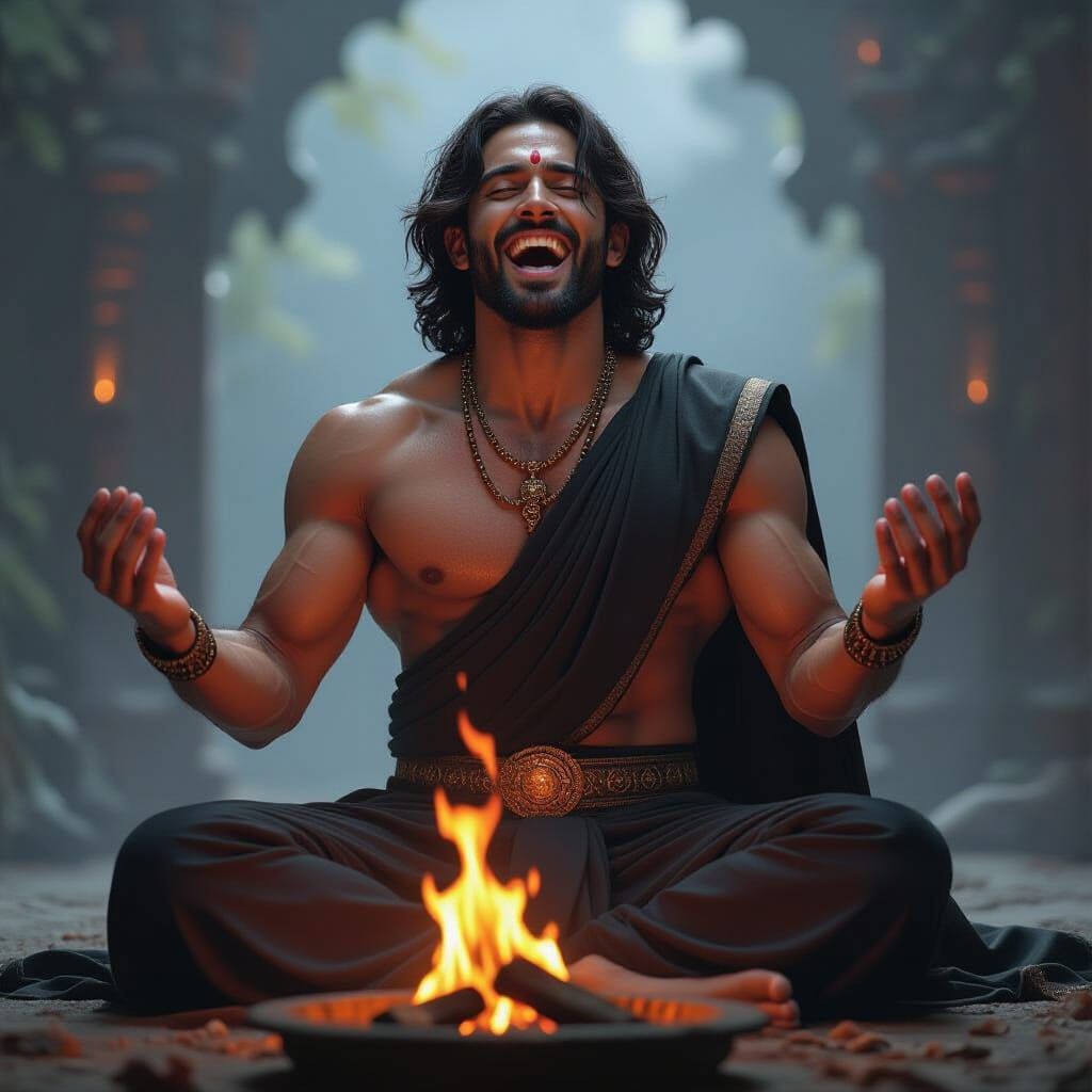 Mystical Muscle Man in Saree Conjuring Flames