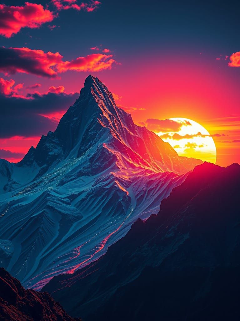 Surreal Futuristic Mountain Landscape with Glittering Fracta...
