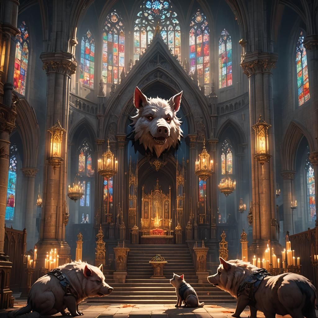 Gas-Powered Pig Wolves in Gothic Church: 3D Anime Art