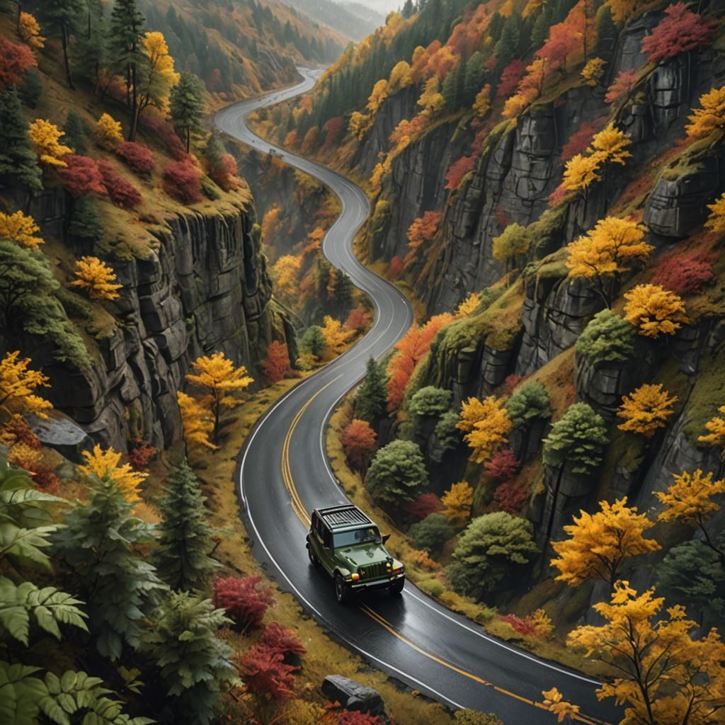 Jeep on Curvy Mountain Road in Autumn