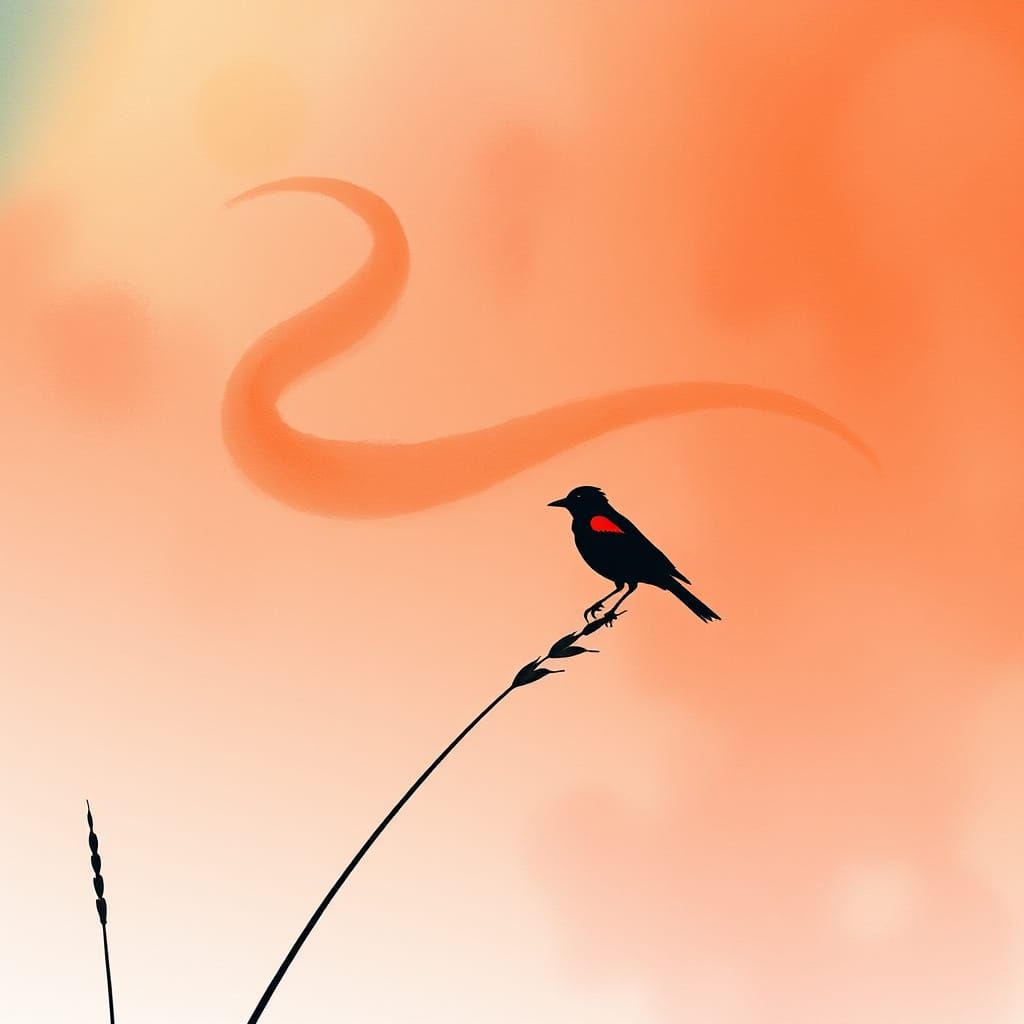 Red-Winged Blackbird Silhouette in Marsh, Minimalist Waterco...