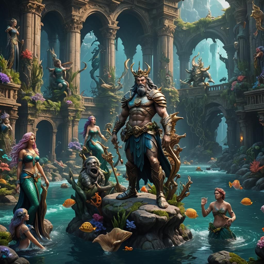 Neptune and Mermaids in Detailed Matte Painting