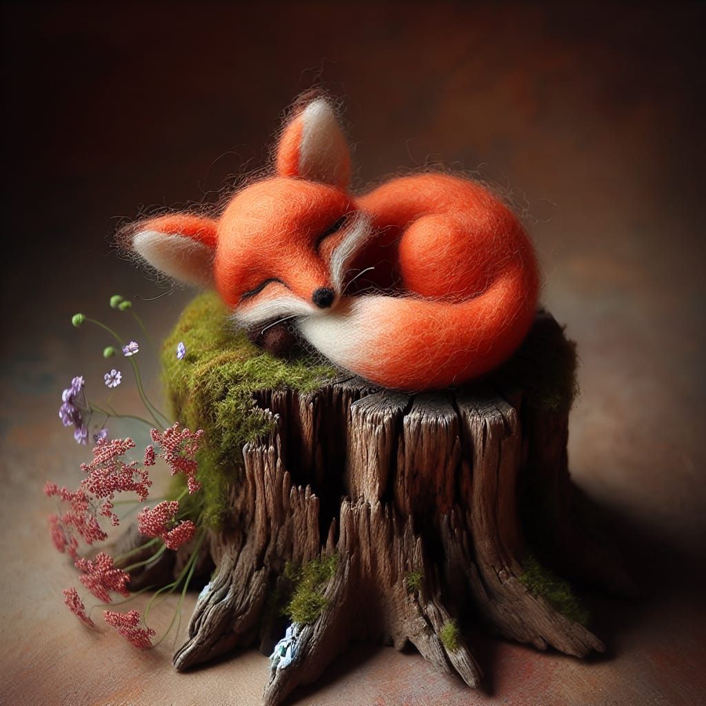 Felted Fox Asleep on a Tree Stump