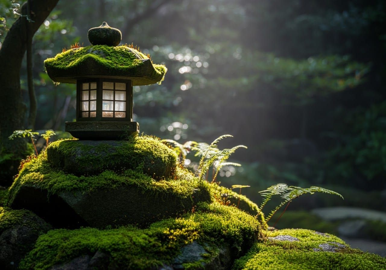 Mossy Lantern in Misty Temple Garden: Photography