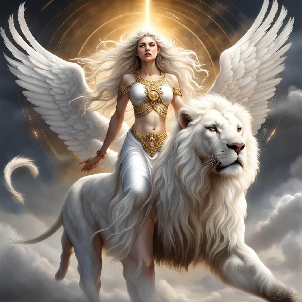 Angelic Rider: White Lion and Angel in Lightning
