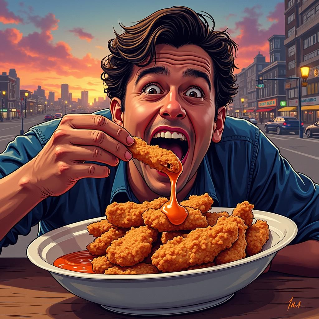 Person Enjoys Chicken Fingers in Cityscape Comic Art