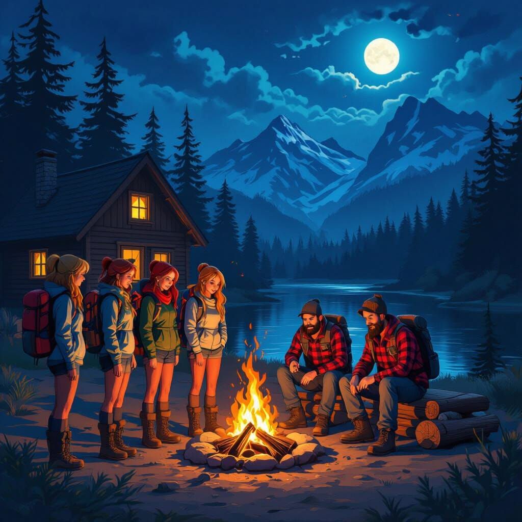 Vibrant Anime Night Scene: Hikers, Lumberjacks, and Bonfire