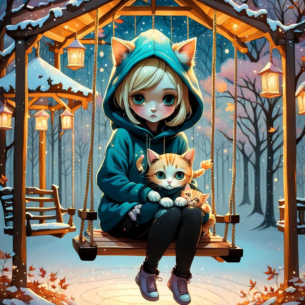 Girl with Kitten on Swing in Pop Surrealism Style