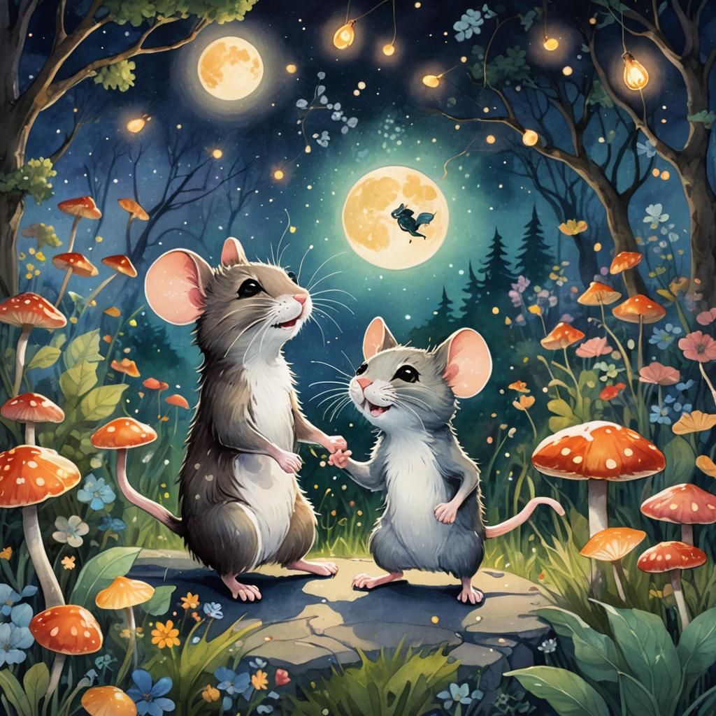 Mouse and Cat Dance in Moonlit Garden: Miyazaki Style