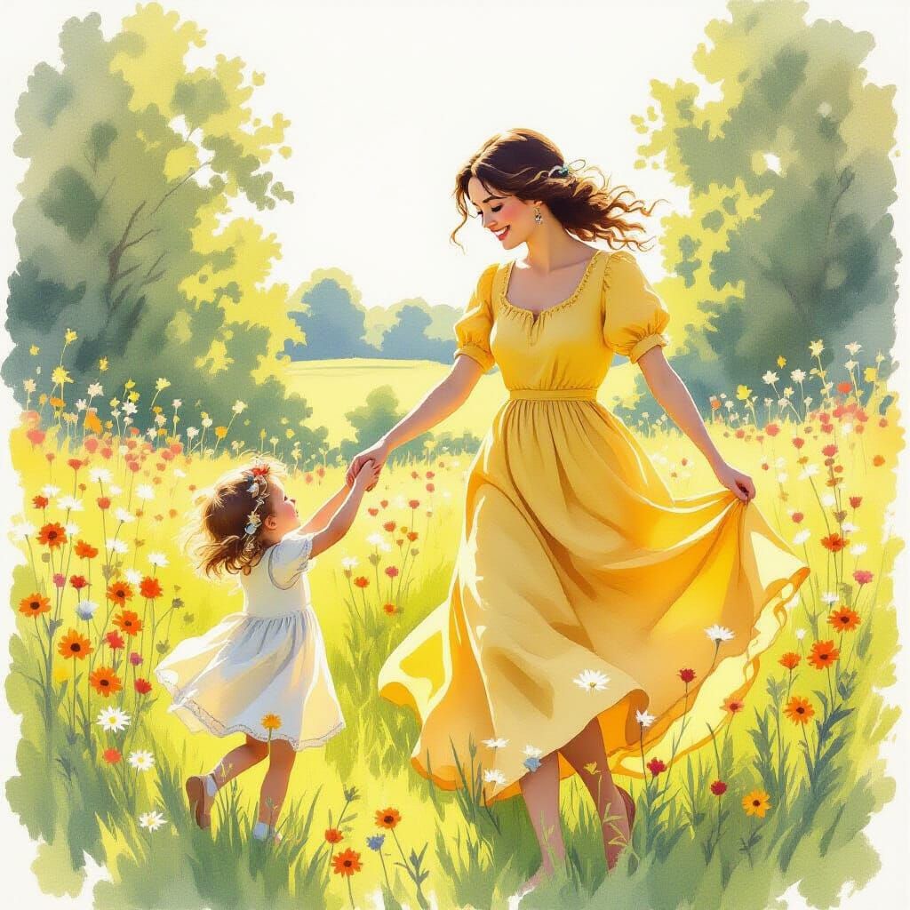 Mother and Child Dancing in Sunlit Field