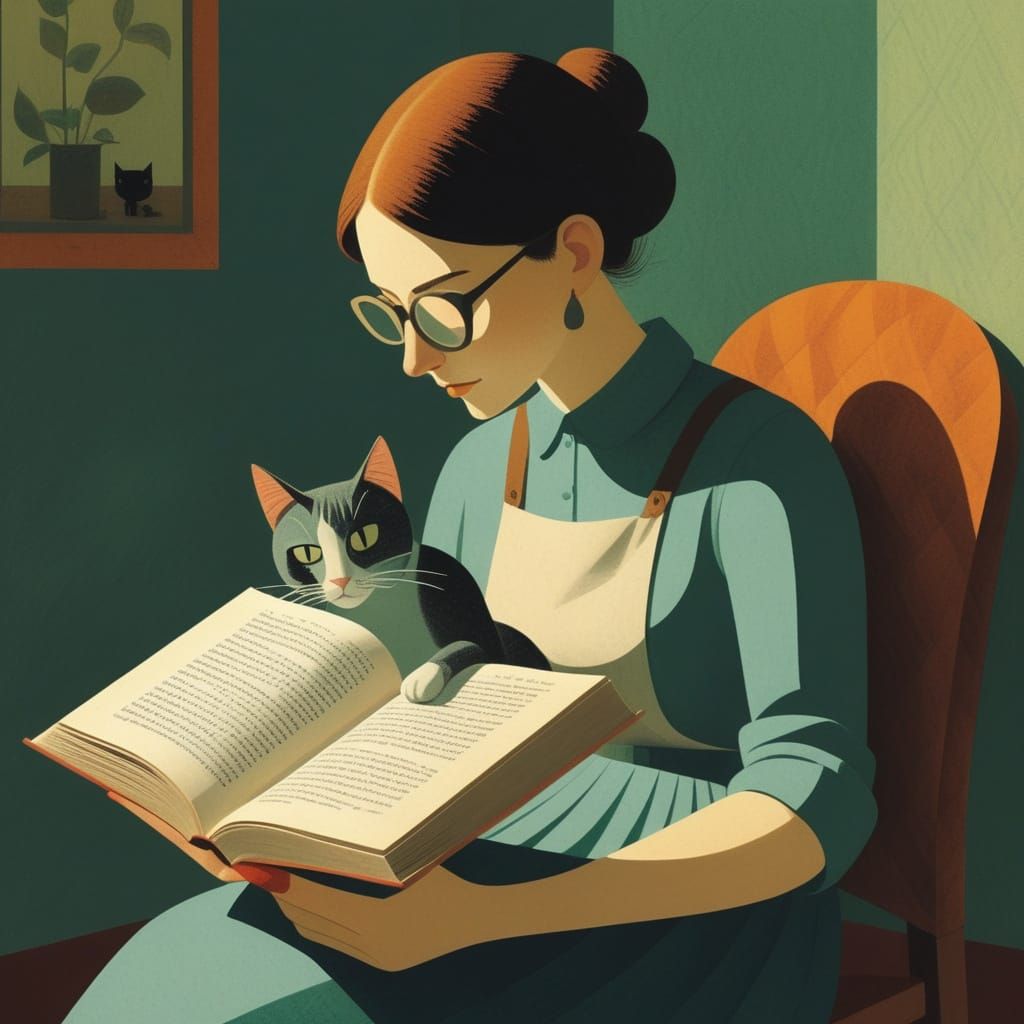 Girl Reads Book to Cat in Artistic Style