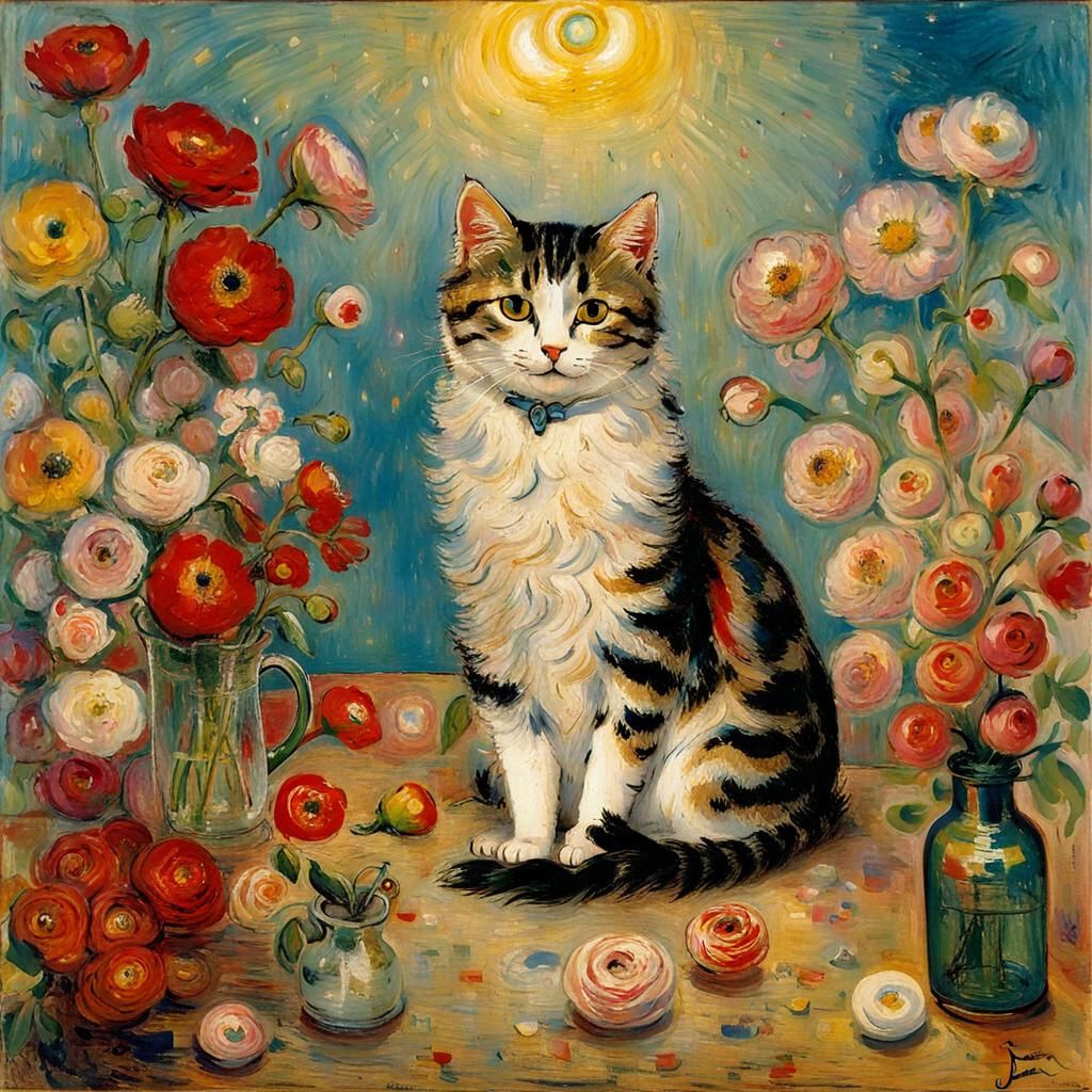 Cat Surrounded by Flowers in Grotesque Style