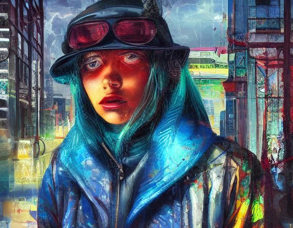 Cyberpunk Woman and Dog: Emotional Oil Painting