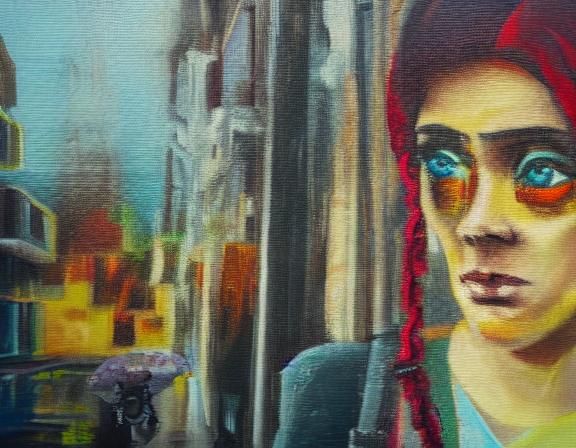 Cyberpunk Woman and Dog Oil Painting in 4k