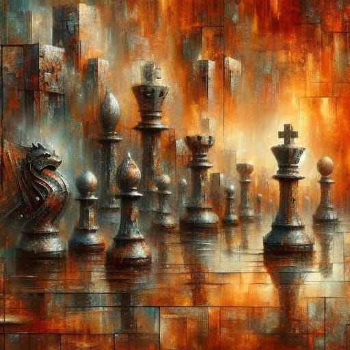 Abstract Metal Chess Pieces in Industrial Surrealist Paintin...