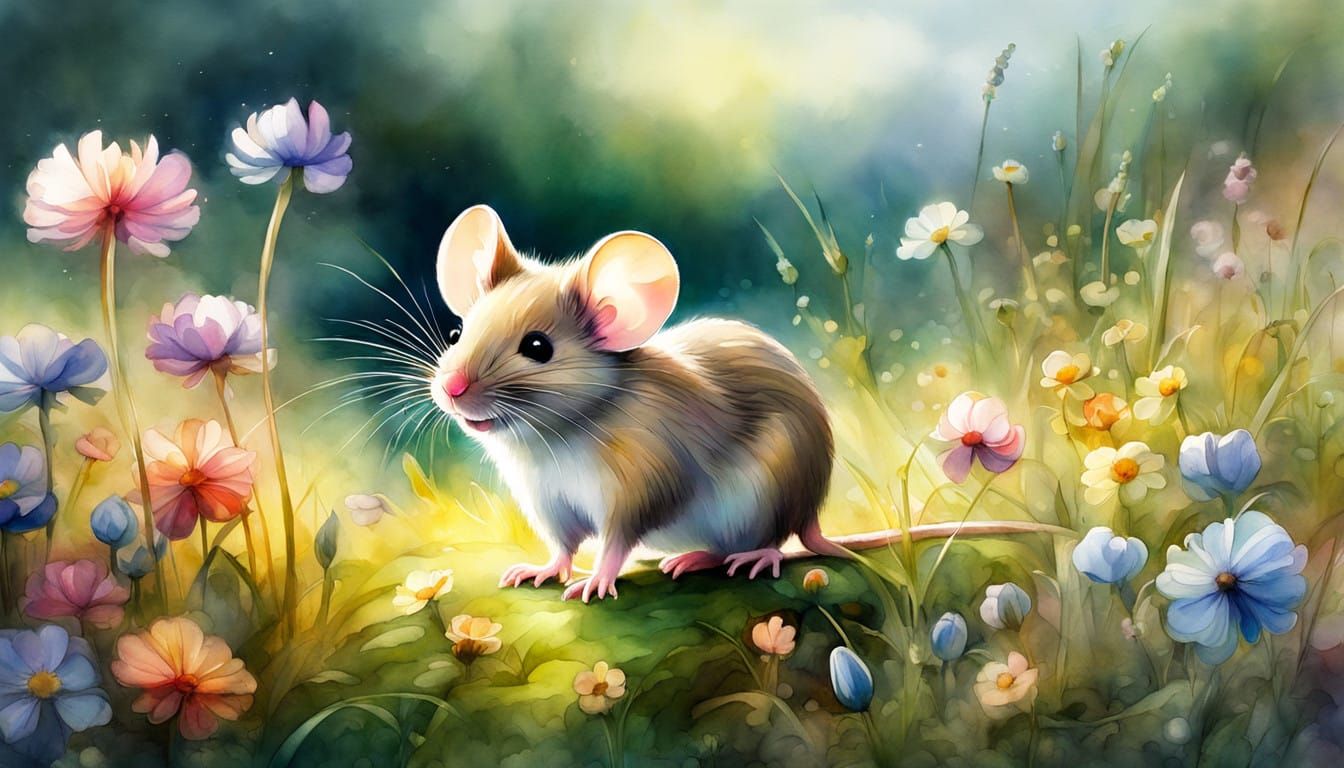 Whimsical Watercolor Mouse in a Vibrant Flower Meadow