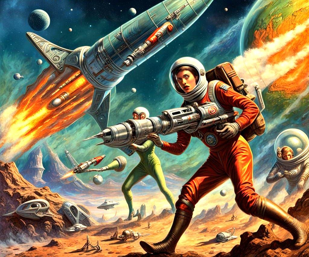 Retro Sci-Fi Magazine Cover: Hero and Heroine vs Aliens