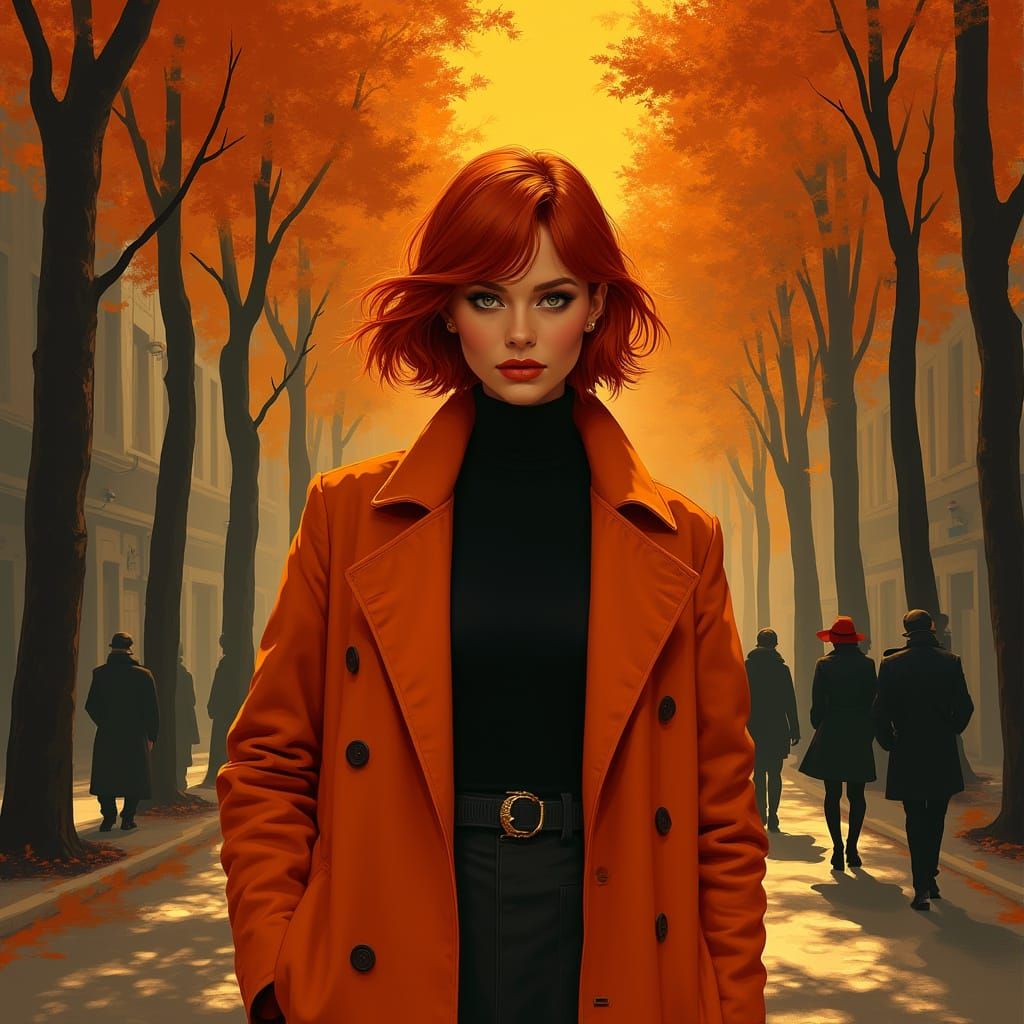 Stylish Woman in Orange Coat: Autumn Street Scene