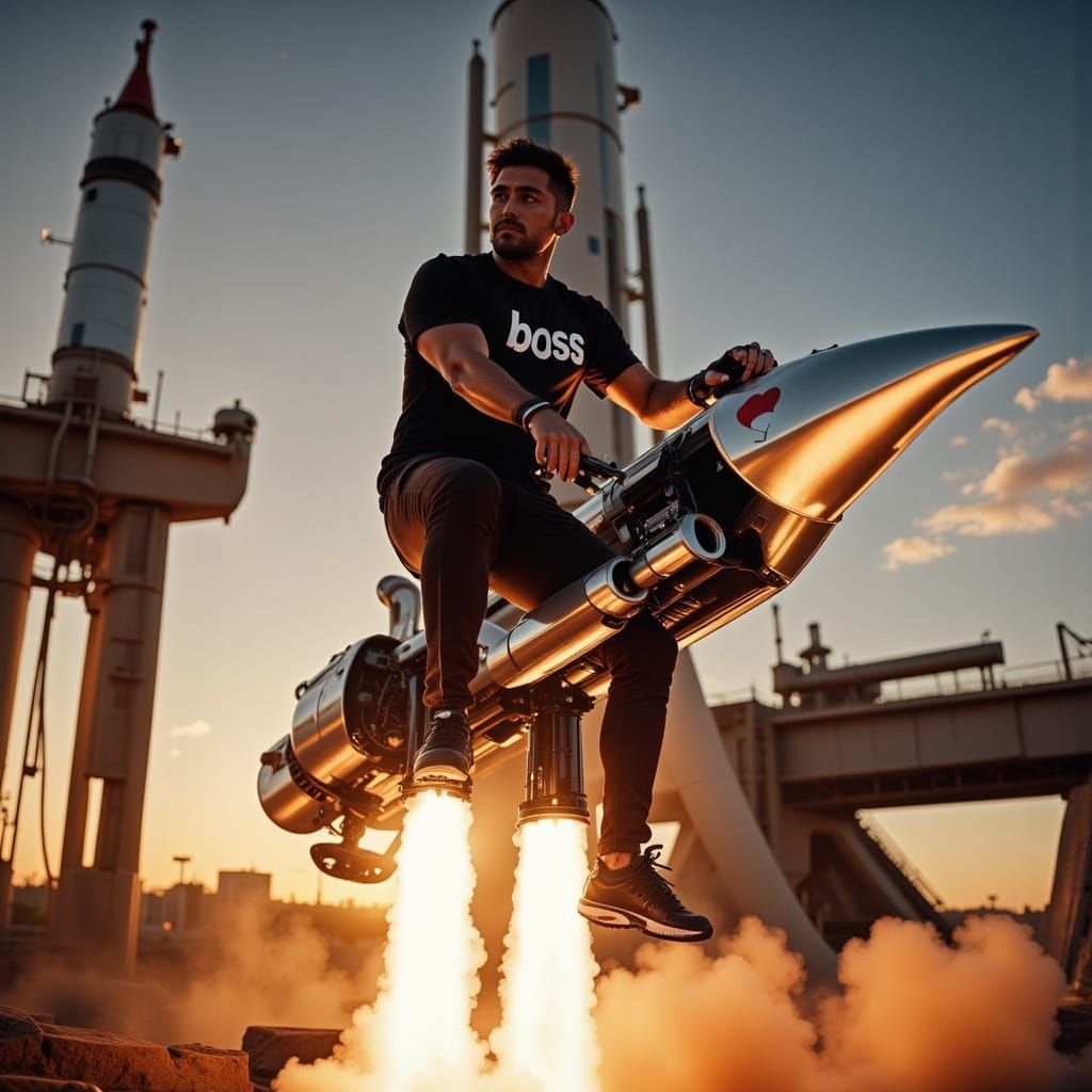 Man Rides Rocket in Synthwave Style