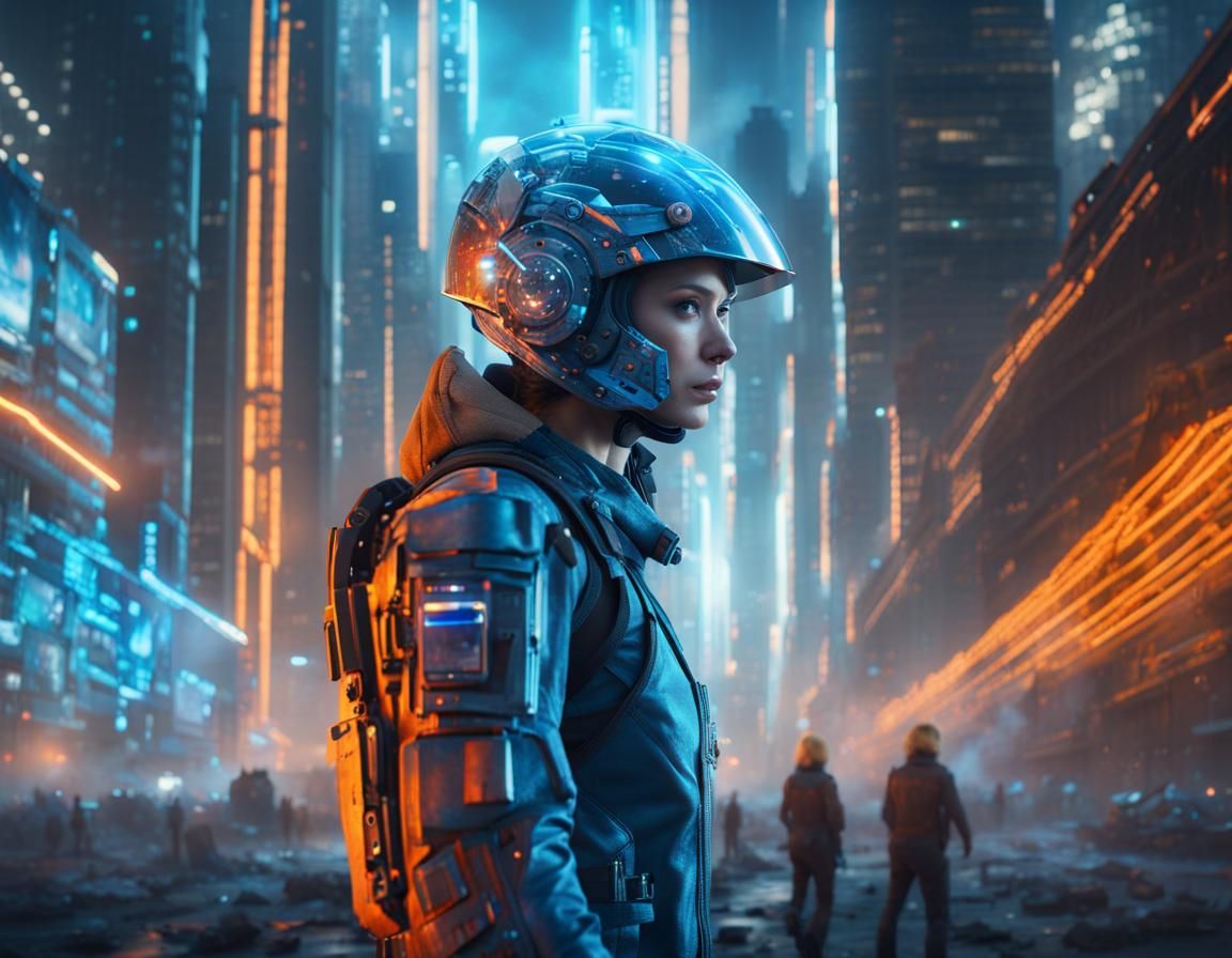 Cyborgs Fleeing Ruined City in Cyberpunk Style